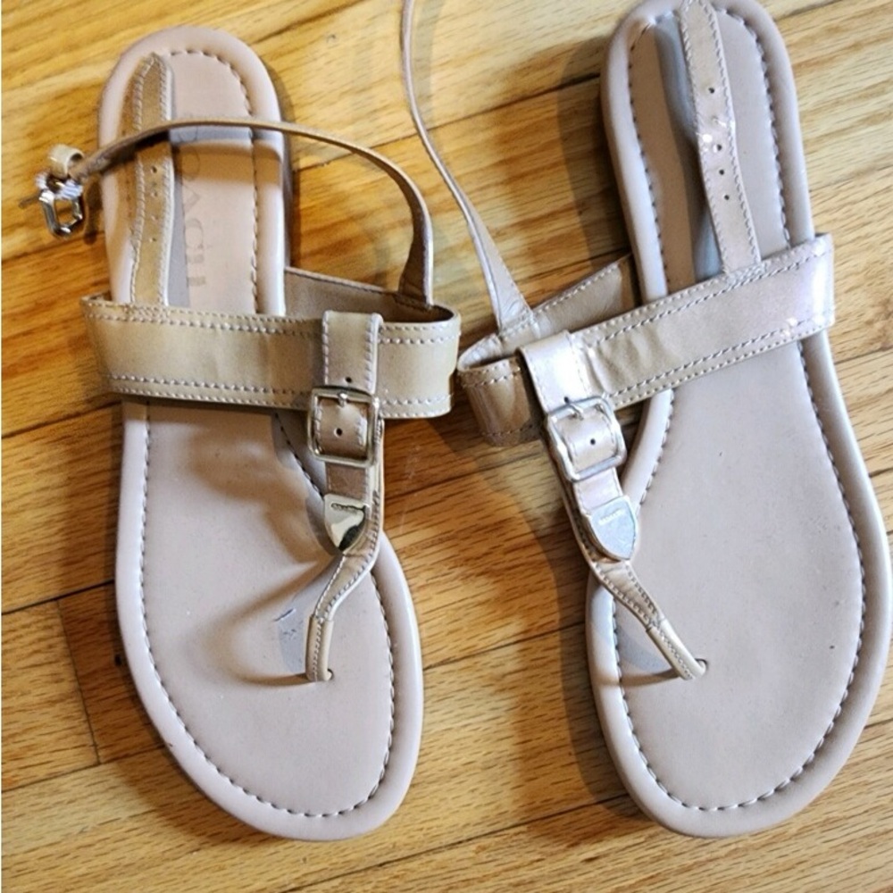 Beige patent Coach Sandels